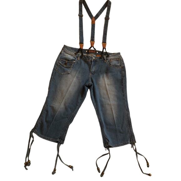 Crest‎ Blue Denim Capri Jeans With Suspenders Juniors Size 15 - Picture 1 of 11